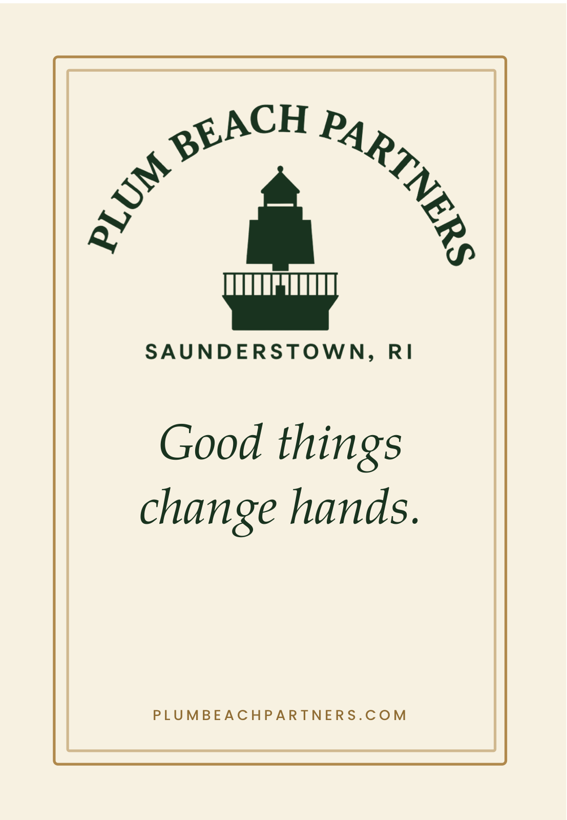 2026 Plum Beach Partners olive oil label — Good things change hands.